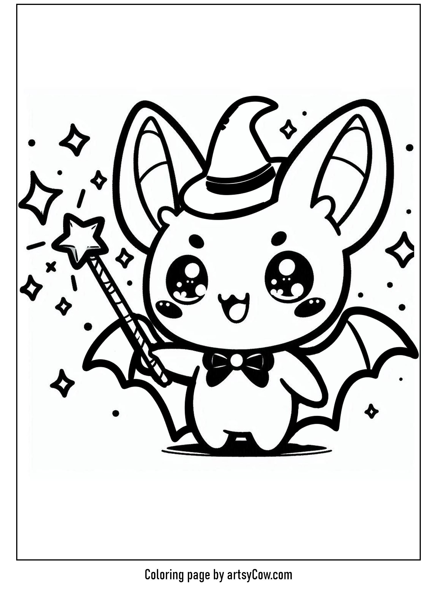 halloween coloring pages with bats, showing a cute bat holding a magic wand and wearing a witch hat.